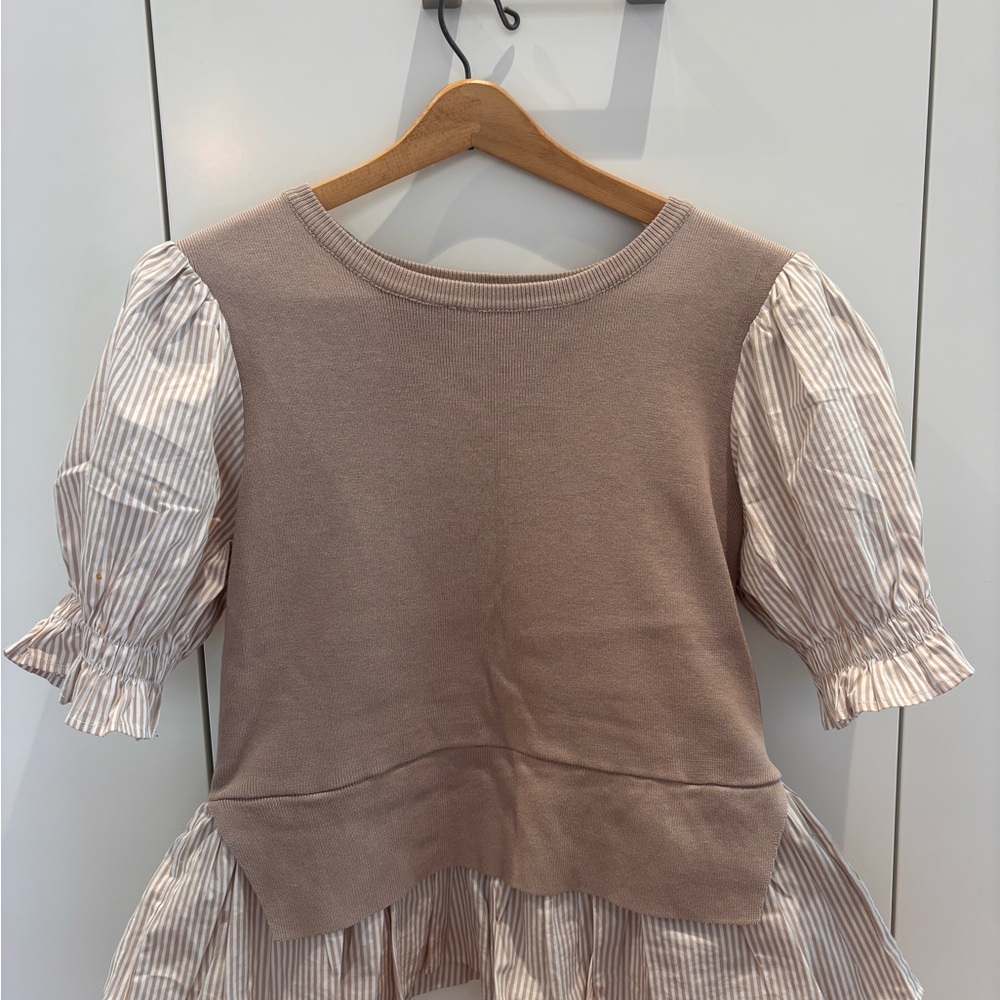Anthropologie Mauve-Taupe Knit Top with Cream Striped Puff Sleeves